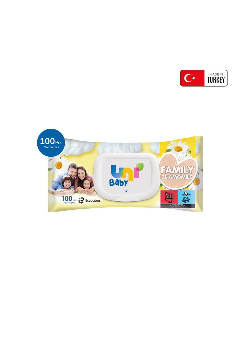 Uni baby - Wet Wipes Family Chamomile Scent, Gentle & Dermatologically Tested, Suitable for All Ages, 100 Pcs - Image 1