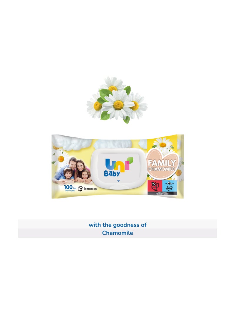 Uni baby - Wet Wipes Family Chamomile Scent, Gentle & Dermatologically Tested, Suitable for All Ages, 100 Pcs - Image 1