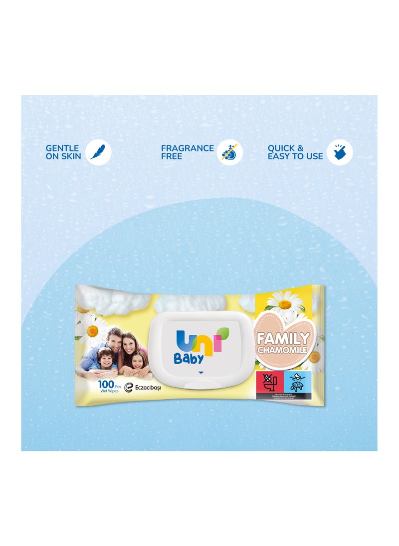 Uni baby - Wet Wipes Family Chamomile Scent, Gentle & Dermatologically Tested, Suitable for All Ages, 100 Pcs - Image 1