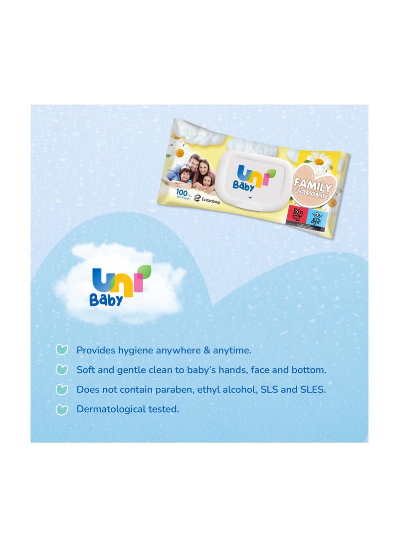 Uni baby - Wet Wipes Family Chamomile Scent, Gentle & Dermatologically Tested, Suitable for All Ages, 100 Pcs - Image 1