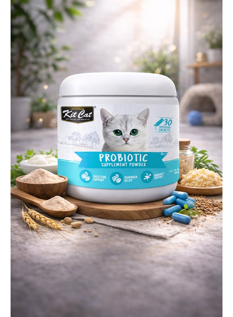 بودرة مكمل بروبيوتيك للقطط تركيبة احترافية فائقة الجودة مصممة لدعم الجهاز الهضمي وتخفيف الإسهال ودعم المناعة تحتوي على 30 مغلفاً فردياً.