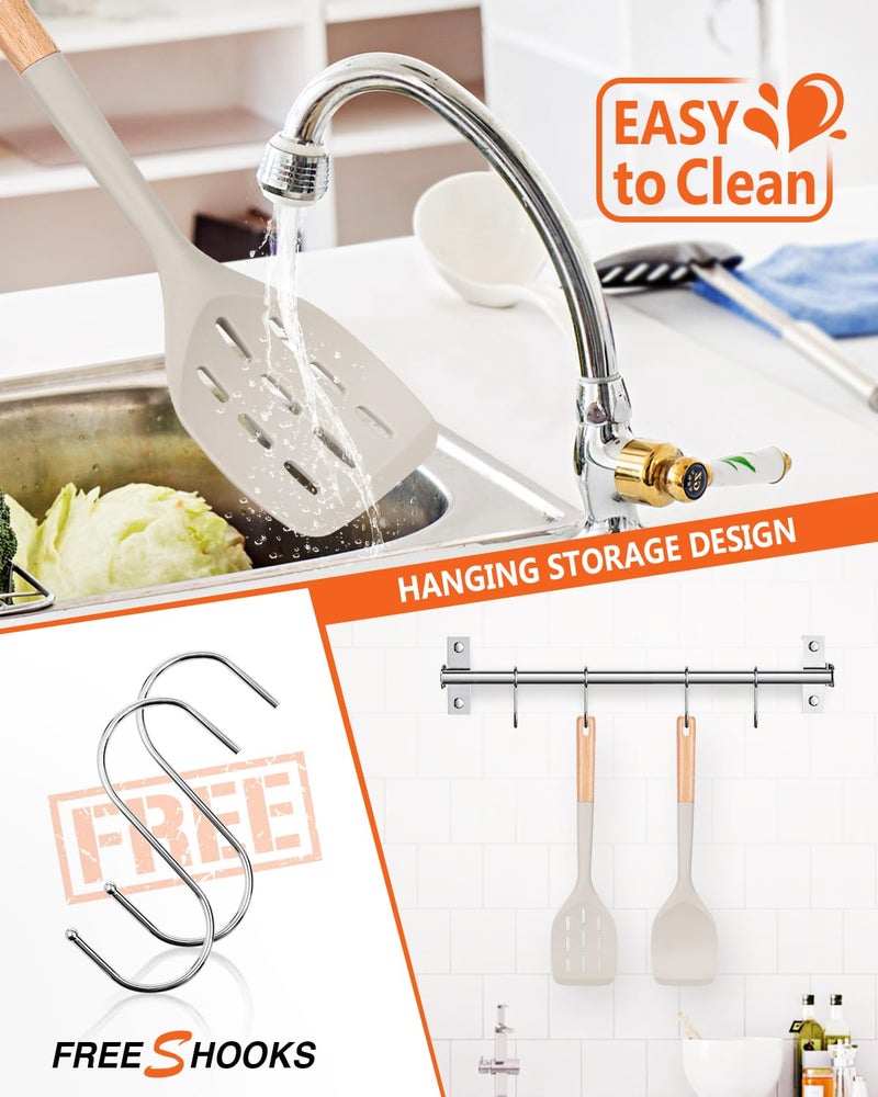 Badiano Pack of 2 Silicone Spatula, Non Stick Cooking Utensil Set Wooden Handle Kitchen Turner for Baking Mixing Grilling Serving Food Heat Resistant Non Scratch Hooks Included (Khaki) - Image 4