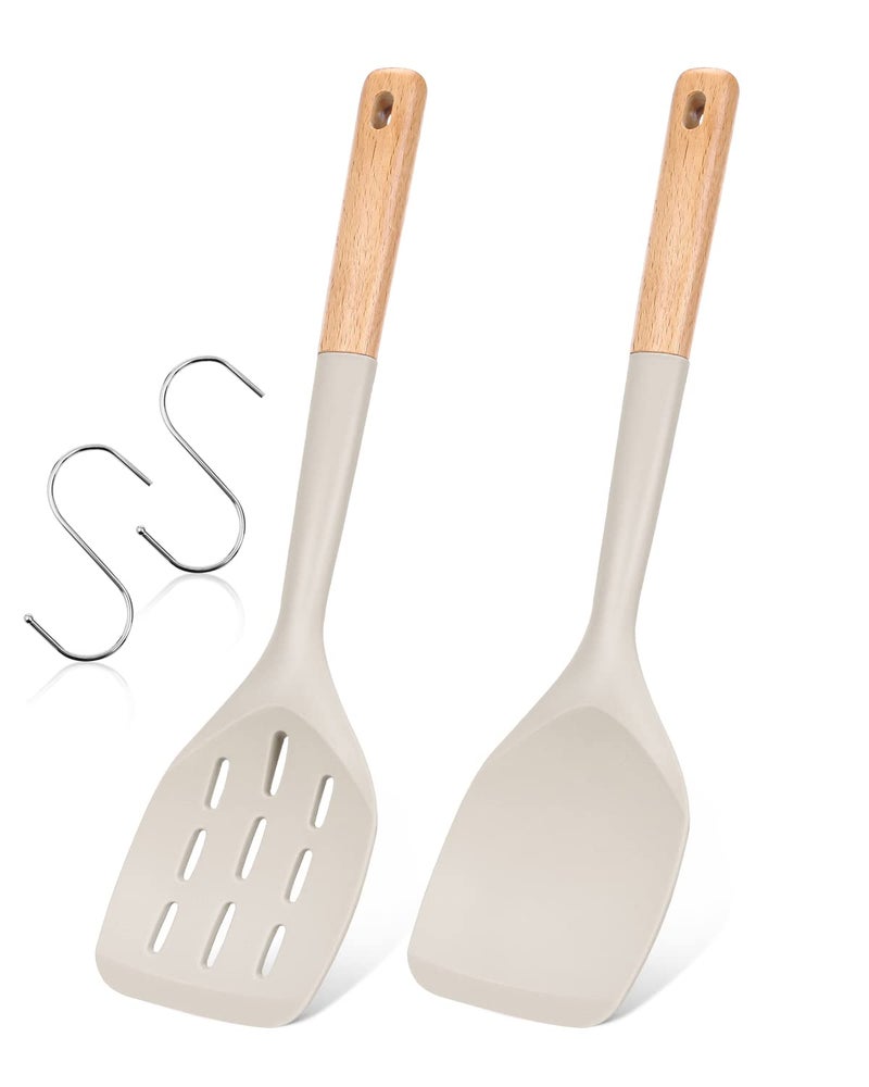 Badiano Pack of 2 Silicone Spatula, Non Stick Cooking Utensil Set Wooden Handle Kitchen Turner for Baking Mixing Grilling Serving Food Heat Resistant Non Scratch Hooks Included (Khaki) - Image 1