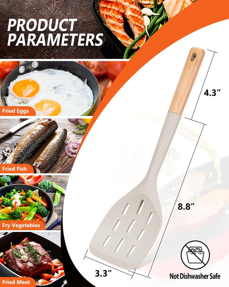 Badiano Pack of 2 Silicone Spatula, Non Stick Cooking Utensil Set Wooden Handle Kitchen Turner for Baking Mixing Grilling Serving Food Heat Resistant Non Scratch Hooks Included (Khaki) - Image 2