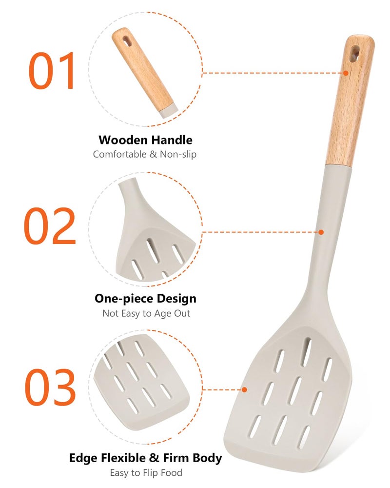 Badiano Pack of 2 Silicone Spatula, Non Stick Cooking Utensil Set Wooden Handle Kitchen Turner for Baking Mixing Grilling Serving Food Heat Resistant Non Scratch Hooks Included (Khaki) - Image 3