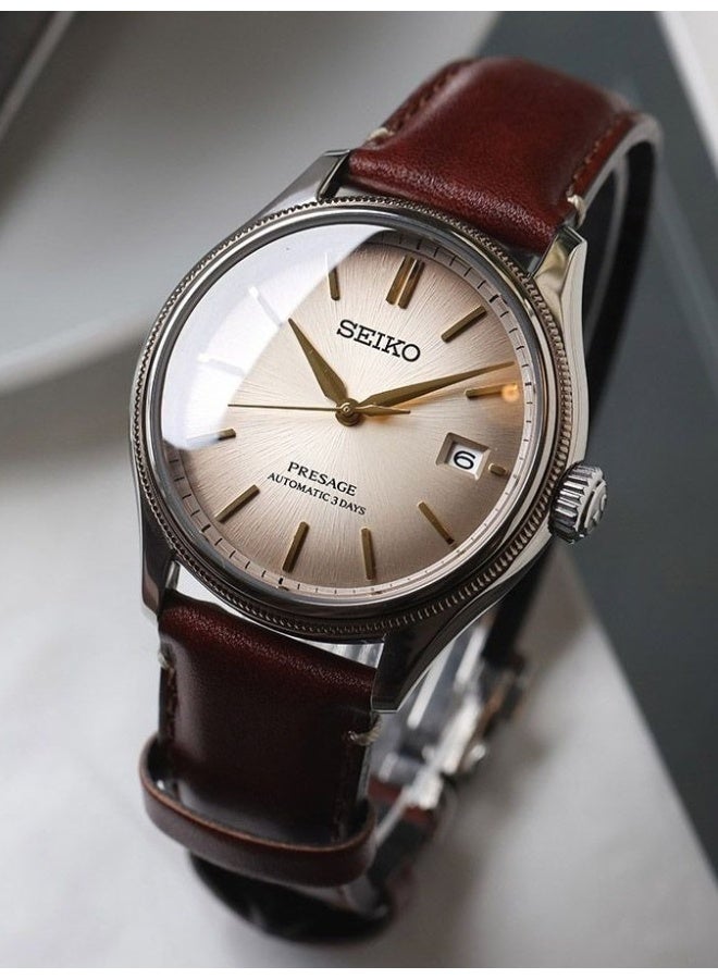 Seiko ساعة أوتوماتيكية محدودة الإصدار من بريسايج كلاسيك SPB529J1، 40.2 مم بقرص بني "شيراشا"، علبة من الفولاذ المقاوم للصدأ وحزام جلدي، مقاومة للماء حتى 100 م - Image 3