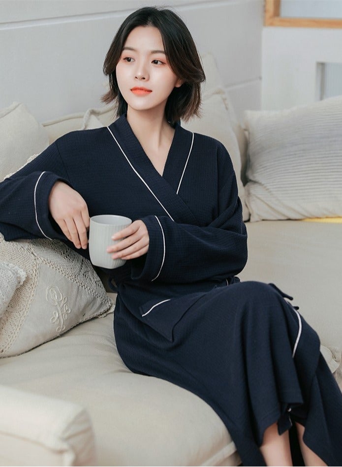 إسكدنيا رداء خفيفة الوزن من نوع واحد رداء وافل كيمونو رداء حمام ناعم رداء ليلي أزرق بحري - Image 3