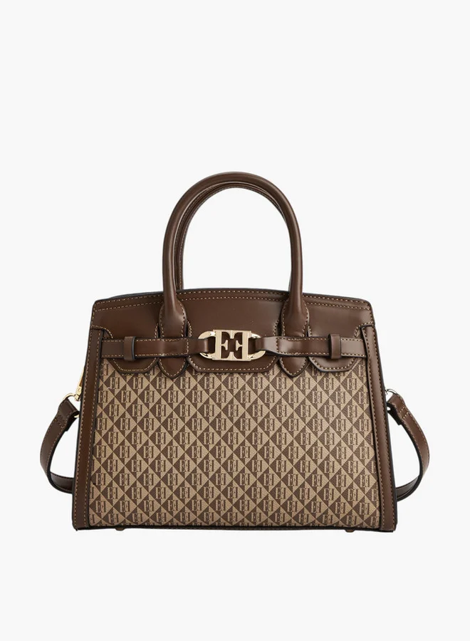 ELLE Women Monogram Print Tote Bag with Double Handles and Zip Closure