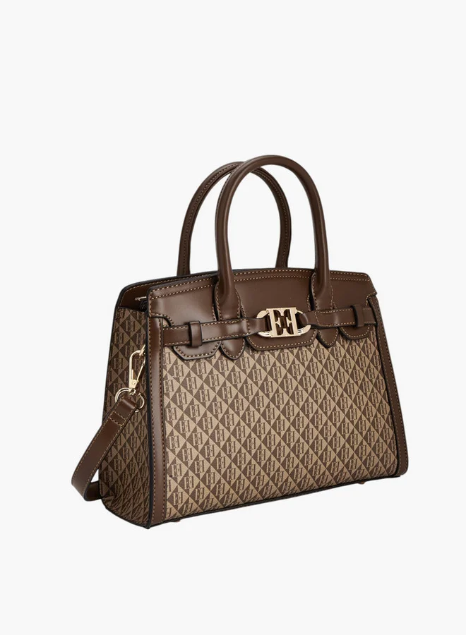 ELLE Women Monogram Print Tote Bag with Double Handles and Zip Closure