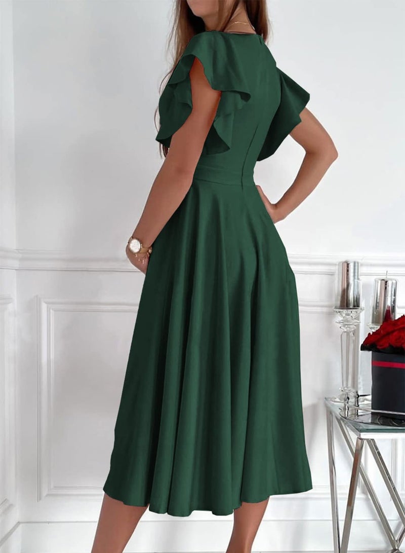 Dokotoo Women's Fall Short Sleeve Casual Dresses Dresses for Women 2024 V-Neck Floral Party Dress Green L - Image 2