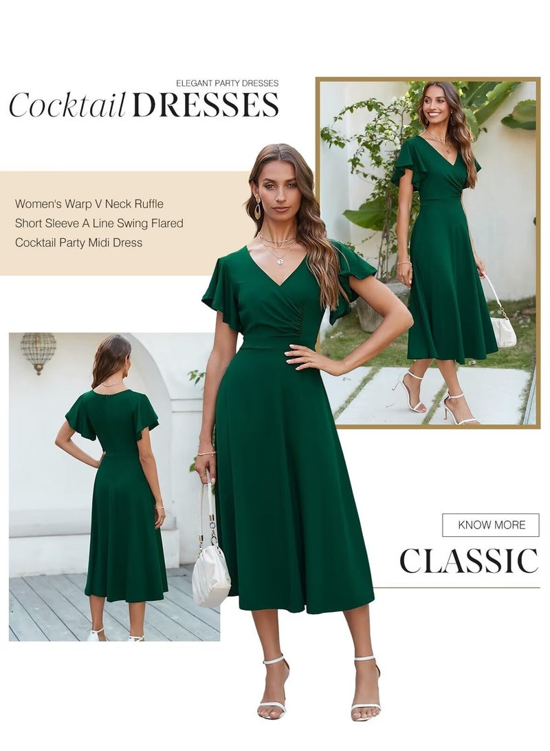 Dokotoo Women's Fall Short Sleeve Casual Dresses Dresses for Women 2024 V-Neck Floral Party Dress Green L - Image 3