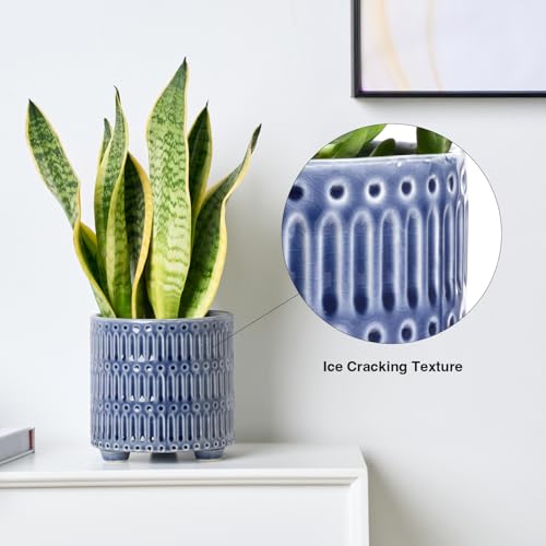 STHIE 5 Inch Ceramic Planters for Indoor Plants, Blue Cactus Snake Plant Pots with Drainage, Unique Design Round Flower Pot for Home Decoration - Image 4