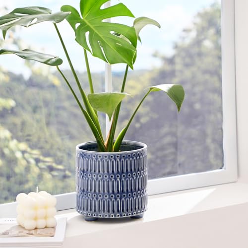 STHIE 5 Inch Ceramic Planters for Indoor Plants, Blue Cactus Snake Plant Pots with Drainage, Unique Design Round Flower Pot for Home Decoration - Image 3