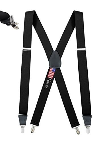 HOLD'EM Mens Elastic No Slip Pin Clip X Back Suspenders With Leather Trim-Black (Regular 46" Long) - Image 1