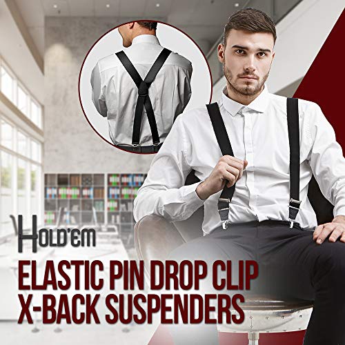 HOLD'EM Mens Elastic No Slip Pin Clip X Back Suspenders With Leather Trim-Black (Regular 46" Long) - Image 5