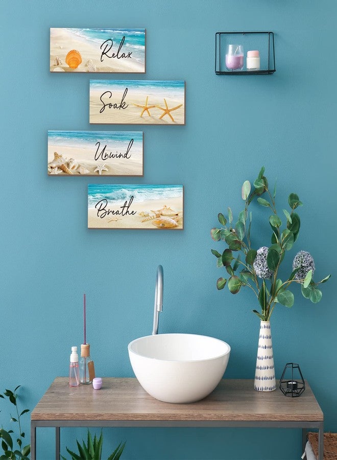 ZINYAZHE 4 Pieces Beach Bathroom Decor Ocean Beach Wall Decors Relax Soak Unwind Breathe Blue Wall Art Wooden Seashell Sea Beach Decorations for Bathroom Living Room Laundry Spa Washroom(beach, 12x3.5 Inch) - Image 4
