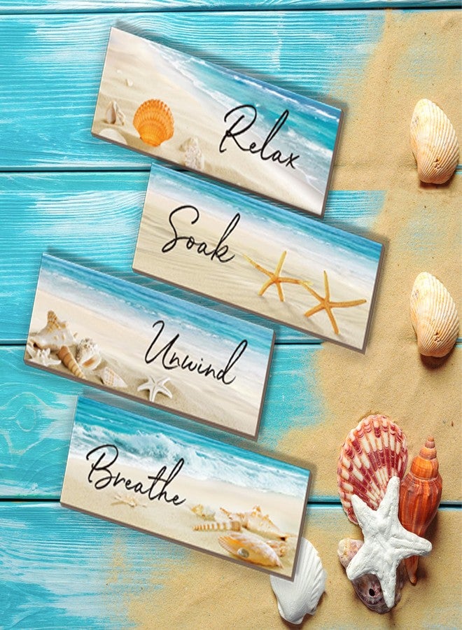 ZINYAZHE 4 Pieces Beach Bathroom Decor Ocean Beach Wall Decors Relax Soak Unwind Breathe Blue Wall Art Wooden Seashell Sea Beach Decorations for Bathroom Living Room Laundry Spa Washroom(beach, 12x3.5 Inch) - Image 2