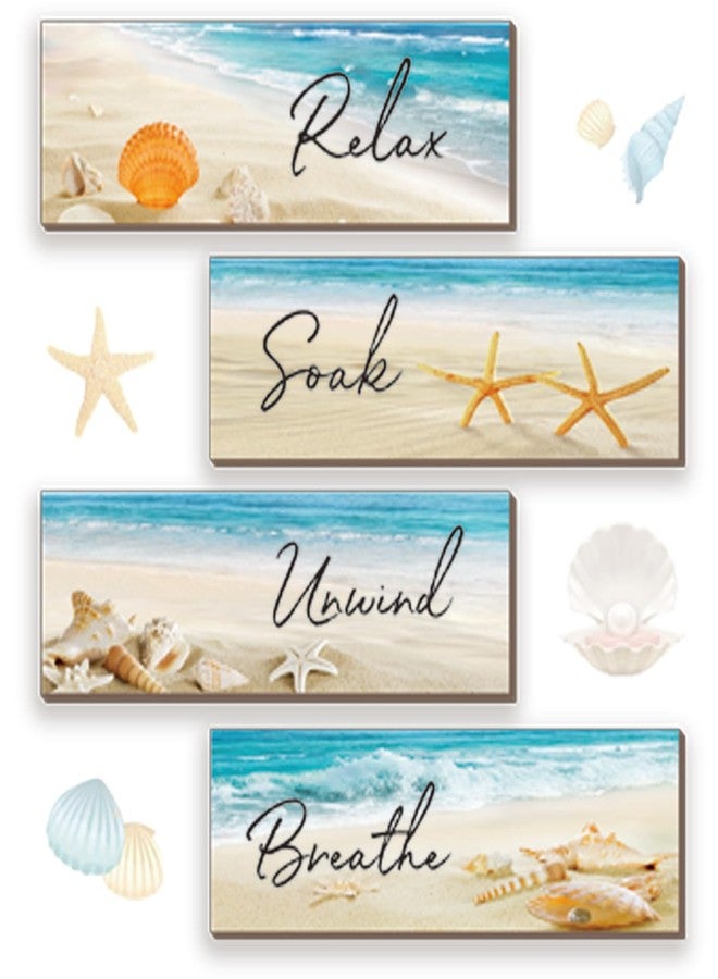 ZINYAZHE 4 Pieces Beach Bathroom Decor Ocean Beach Wall Decors Relax Soak Unwind Breathe Blue Wall Art Wooden Seashell Sea Beach Decorations for Bathroom Living Room Laundry Spa Washroom(beach, 12x3.5 Inch) - Image 1