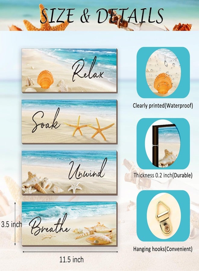 ZINYAZHE 4 Pieces Beach Bathroom Decor Ocean Beach Wall Decors Relax Soak Unwind Breathe Blue Wall Art Wooden Seashell Sea Beach Decorations for Bathroom Living Room Laundry Spa Washroom(beach, 12x3.5 Inch) - Image 3
