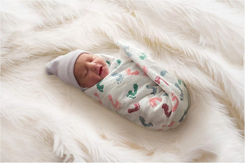 pill thing Baby Hospital Receiving Swaddle Blankets for Newborn Babies - Original Baby Footprint Design Breathable 100% Cotton - Durable Hospital Quality - Generous Size- (Baby Feet, 10 Pack) - Image 1