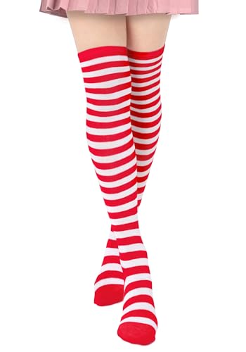 DAZCOS Striped Thigh High Socks Elastic Over The Knee Knit Stockings for Daily or Anime Cosplay (Red+White) - Image 1
