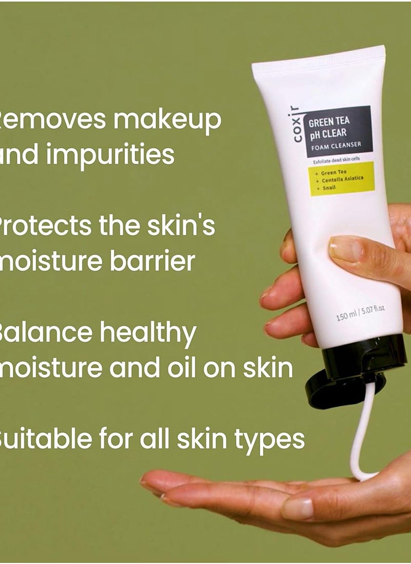 كوكسير coxir GREENTEA PH CLEAR FOAM CLEANSER l غسول الوجه بتركيبة منخفضة الحموضة مع تقشير لطيف l ينظف المسام بعمق ويزيل خلايا الجلد الميتة على الجلد.  - Image 5