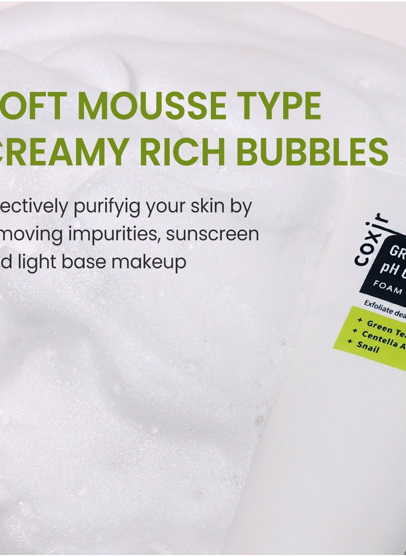 كوكسير coxir GREENTEA PH CLEAR FOAM CLEANSER l غسول الوجه بتركيبة منخفضة الحموضة مع تقشير لطيف l ينظف المسام بعمق ويزيل خلايا الجلد الميتة على الجلد.  - Image 3