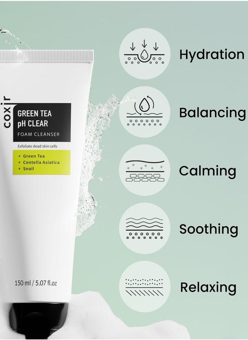 كوكسير coxir GREENTEA PH CLEAR FOAM CLEANSER l غسول الوجه بتركيبة منخفضة الحموضة مع تقشير لطيف l ينظف المسام بعمق ويزيل خلايا الجلد الميتة على الجلد.  - Image 4