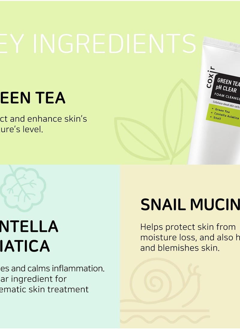 كوكسير coxir GREENTEA PH CLEAR FOAM CLEANSER l غسول الوجه بتركيبة منخفضة الحموضة مع تقشير لطيف l ينظف المسام بعمق ويزيل خلايا الجلد الميتة على الجلد.  - Image 2