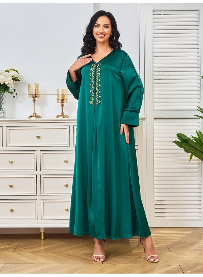 Madam Uniq Emerald Green Long Sleeve V-Neck Beaded Muslim Party Evening Dress Gown - Image 3