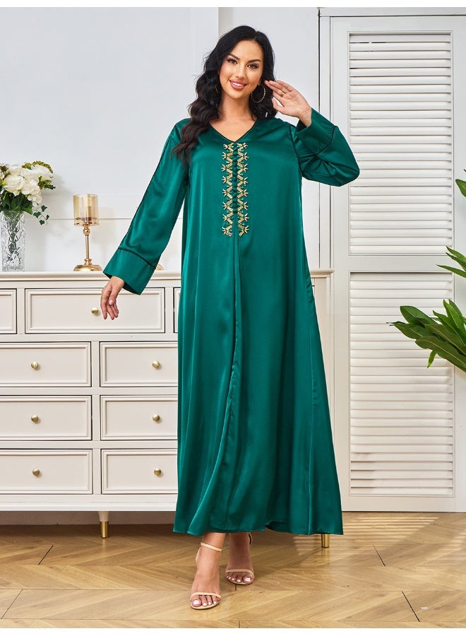 Madam Uniq Emerald Green Long Sleeve V-Neck Beaded Muslim Party Evening Dress Gown - Image 4