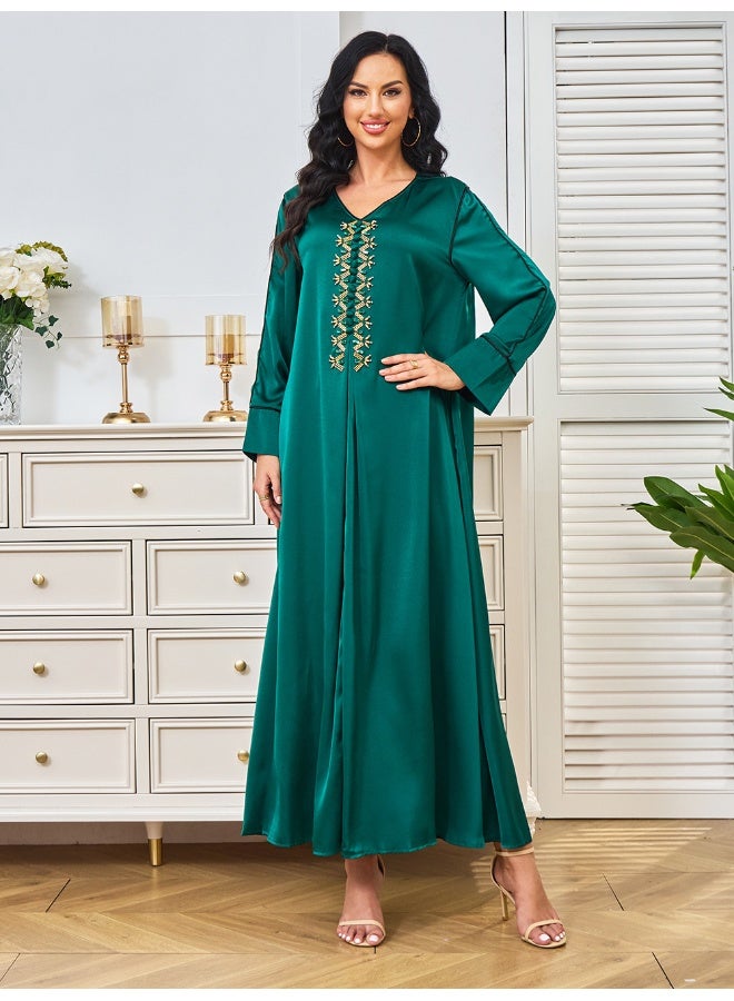 Madam Uniq Emerald Green Long Sleeve V-Neck Beaded Muslim Party Evening Dress Gown - Image 1