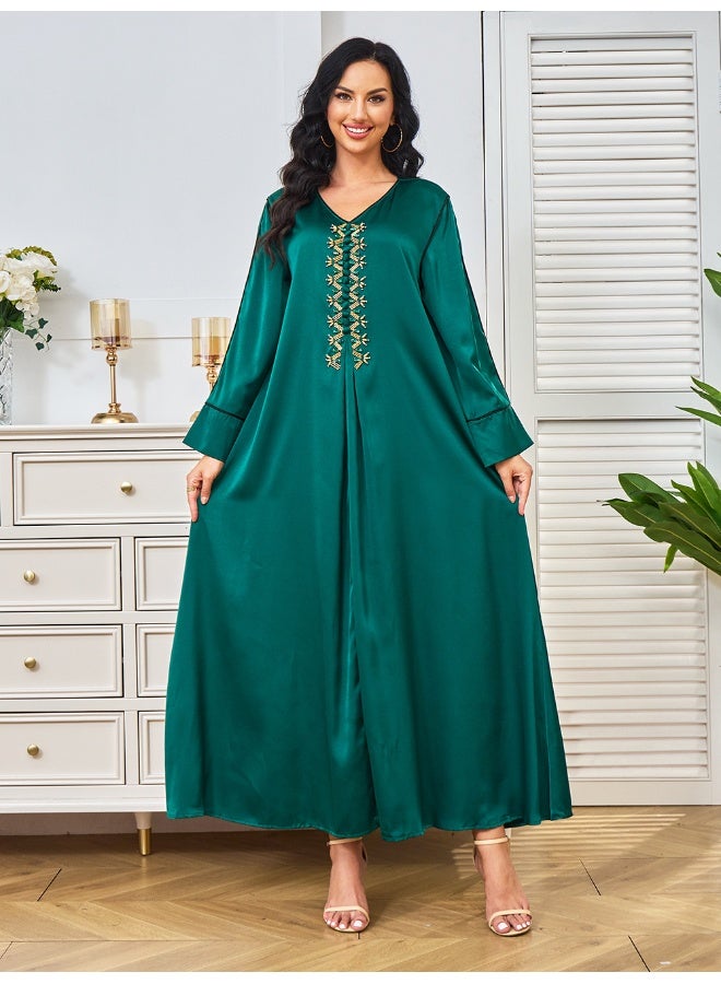Madam Uniq Emerald Green Long Sleeve V-Neck Beaded Muslim Party Evening Dress Gown - Image 5