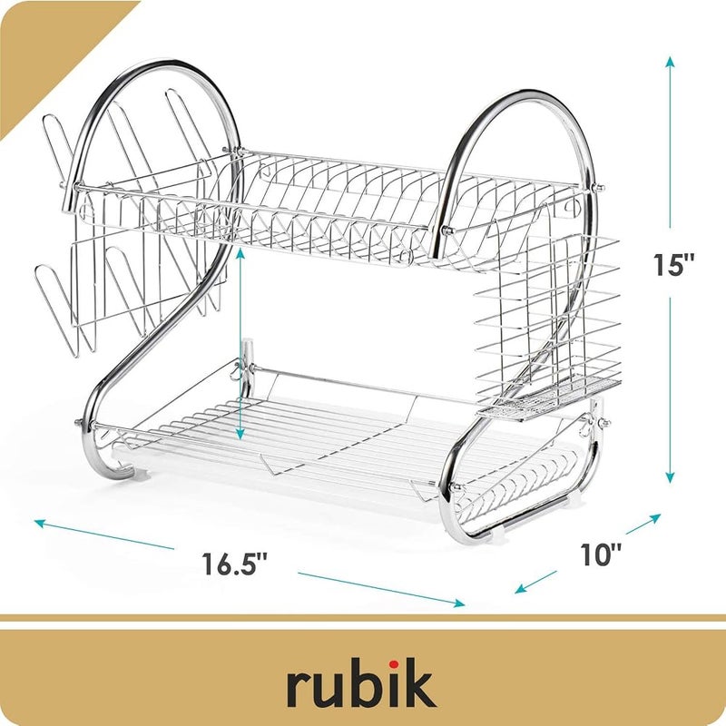 Rubik Dish Drying Rack, 2 Tier Stainless Steel Dish Rack with Utensil Holder, Glass, Cup, Cutlery Holder, and Dish Drainer for Kitchen Counter Top, Plated Chrome Dish Dryer Silver - Image 5