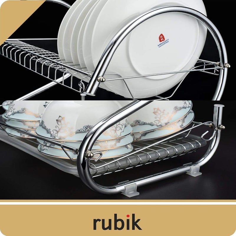 Rubik Dish Drying Rack, 2 Tier Stainless Steel Dish Rack with Utensil Holder, Glass, Cup, Cutlery Holder, and Dish Drainer for Kitchen Counter Top, Plated Chrome Dish Dryer Silver - Image 2