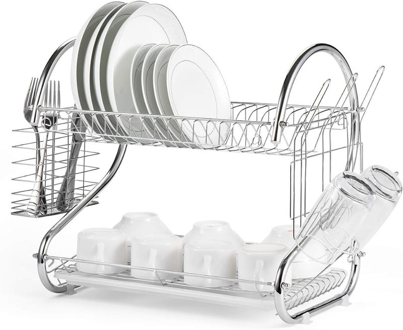 Rubik Dish Drying Rack, 2 Tier Stainless Steel Dish Rack with Utensil Holder, Glass, Cup, Cutlery Holder, and Dish Drainer for Kitchen Counter Top, Plated Chrome Dish Dryer Silver - Image 1
