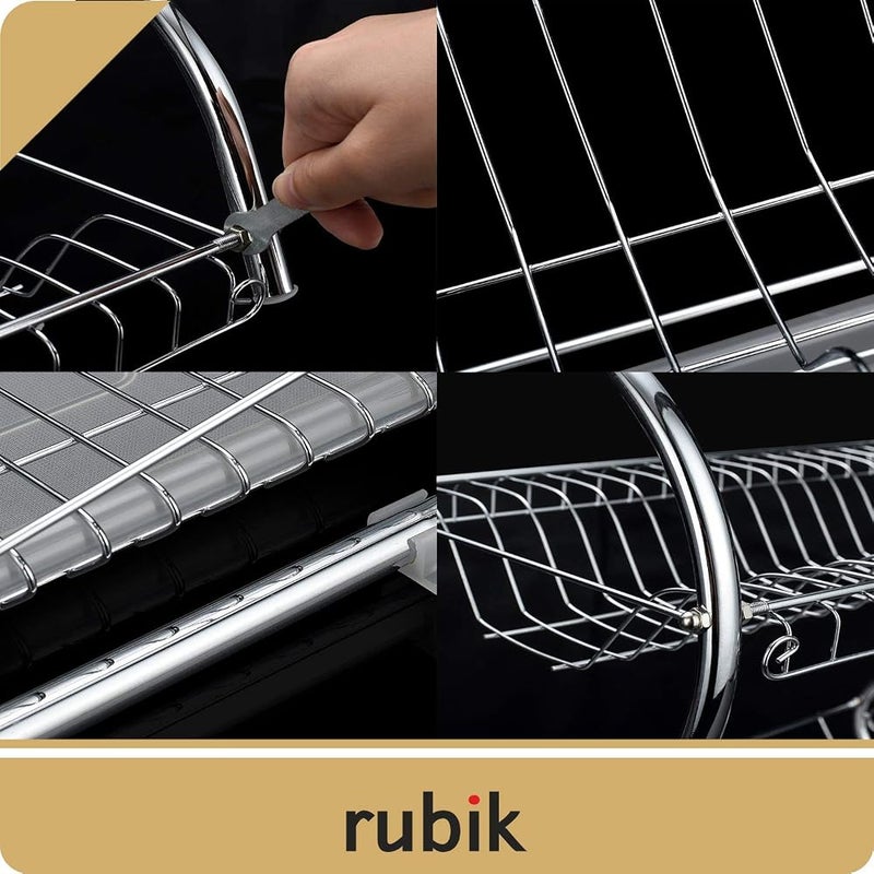 Rubik Dish Drying Rack, 2 Tier Stainless Steel Dish Rack with Utensil Holder, Glass, Cup, Cutlery Holder, and Dish Drainer for Kitchen Counter Top, Plated Chrome Dish Dryer Silver - Image 3