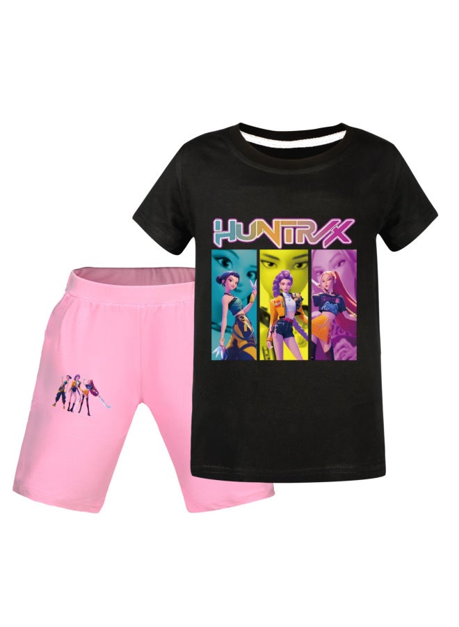 US Kpop Demon Slayer Round Neck Cartoon Print T-shirt Men Women Kids Top And Pants Set Multi-color Matching - Image 1