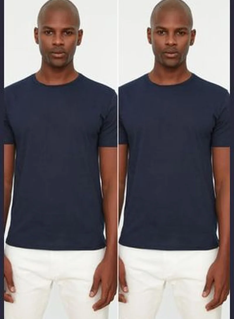 trendyol Navy Blue Men's Basic Slim Crew Neck Short Sleeved 100% Cotton 2-Pack T-Shirt TMNSS19BO0071