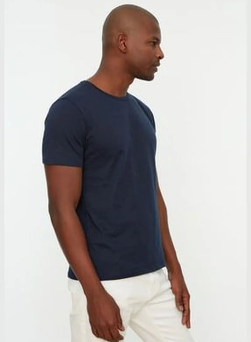 trendyol Navy Blue Men's Basic Slim Crew Neck Short Sleeved 100% Cotton 2-Pack T-Shirt TMNSS19BO0071
