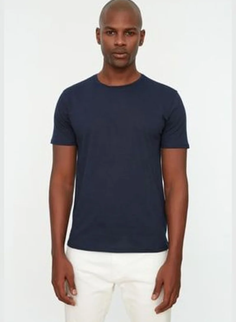 trendyol Navy Blue Men's Basic Slim Crew Neck Short Sleeved 100% Cotton 2-Pack T-Shirt TMNSS19BO0071