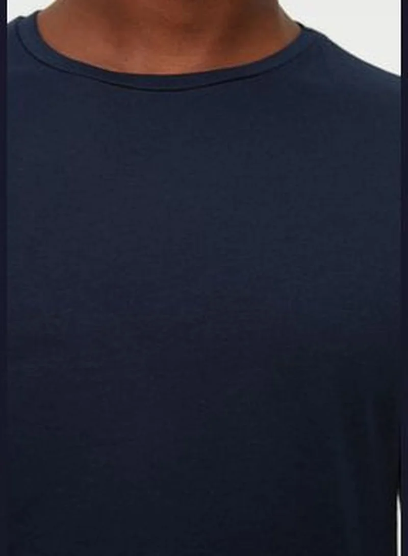 trendyol Navy Blue Men's Basic Slim Crew Neck Short Sleeved 100% Cotton 2-Pack T-Shirt TMNSS19BO0071
