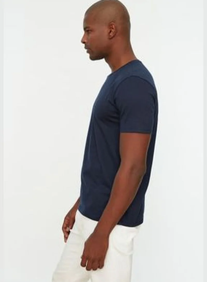 trendyol Navy Blue Men's Basic Slim Crew Neck Short Sleeved 100% Cotton 2-Pack T-Shirt TMNSS19BO0071
