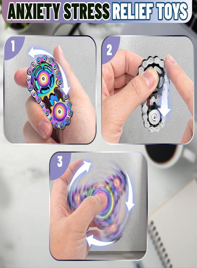 Chilvil Metal Fidget Spinner Toys for Teens Boys Figette Bike Chain Roller for Adults Cool Gadgets ADHD Anxiety Stress Relief Items Figet Desk Offices EDC Men Easter Basket Stuffer - Rainbow+Black - Image 2