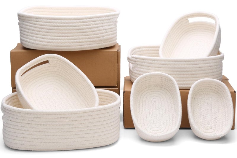HLWDFLZ 7 Piece Cotton Rope Woven Basket Set - Small Basket for Baby Nursery, Pets, Montessori, Dog & Cat Toy Boxes, Bathroom Organization Bins (White) - Image 1