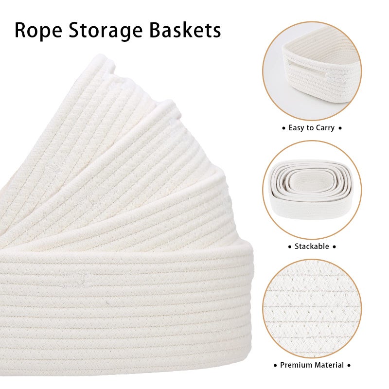 HLWDFLZ 7 Piece Cotton Rope Woven Basket Set - Small Basket for Baby Nursery, Pets, Montessori, Dog & Cat Toy Boxes, Bathroom Organization Bins (White) - Image 3