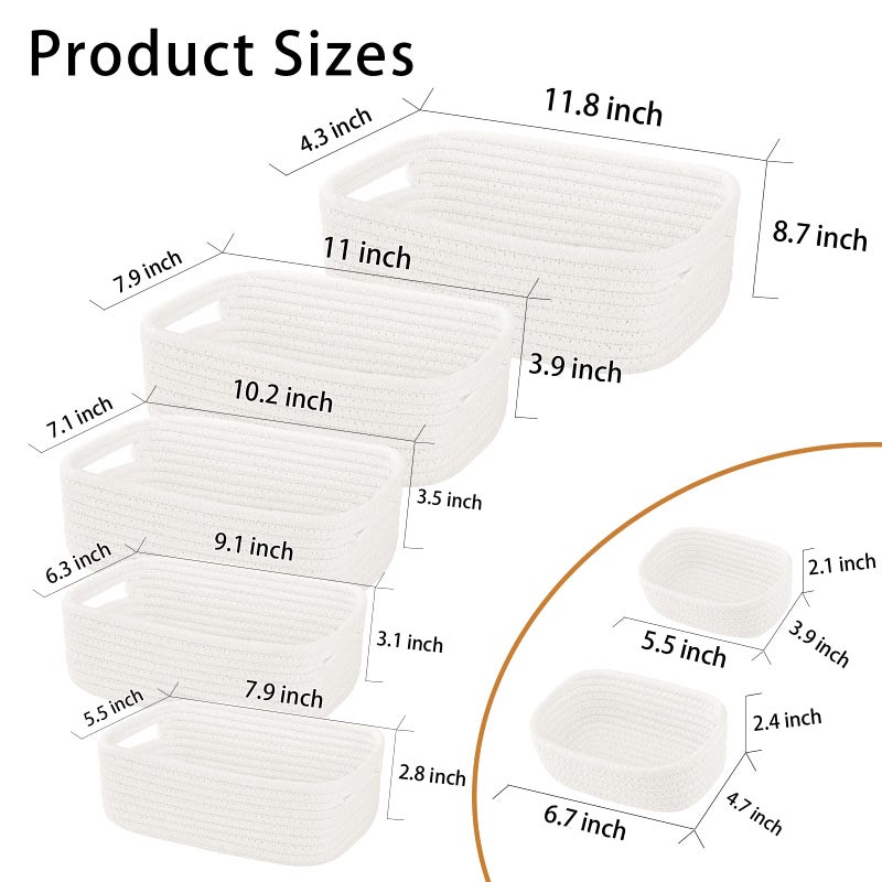 HLWDFLZ 7 Piece Cotton Rope Woven Basket Set - Small Basket for Baby Nursery, Pets, Montessori, Dog & Cat Toy Boxes, Bathroom Organization Bins (White) - Image 2