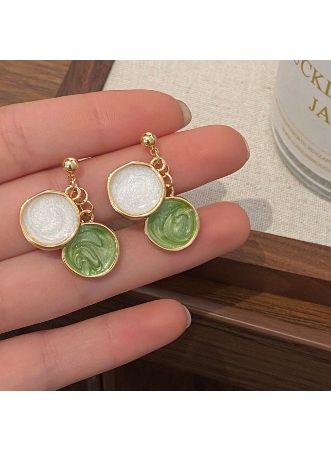Lavida Handmade enamel drop earrings (green and white), oriental artistic ceramic jewelry - a unique gift - Image 1