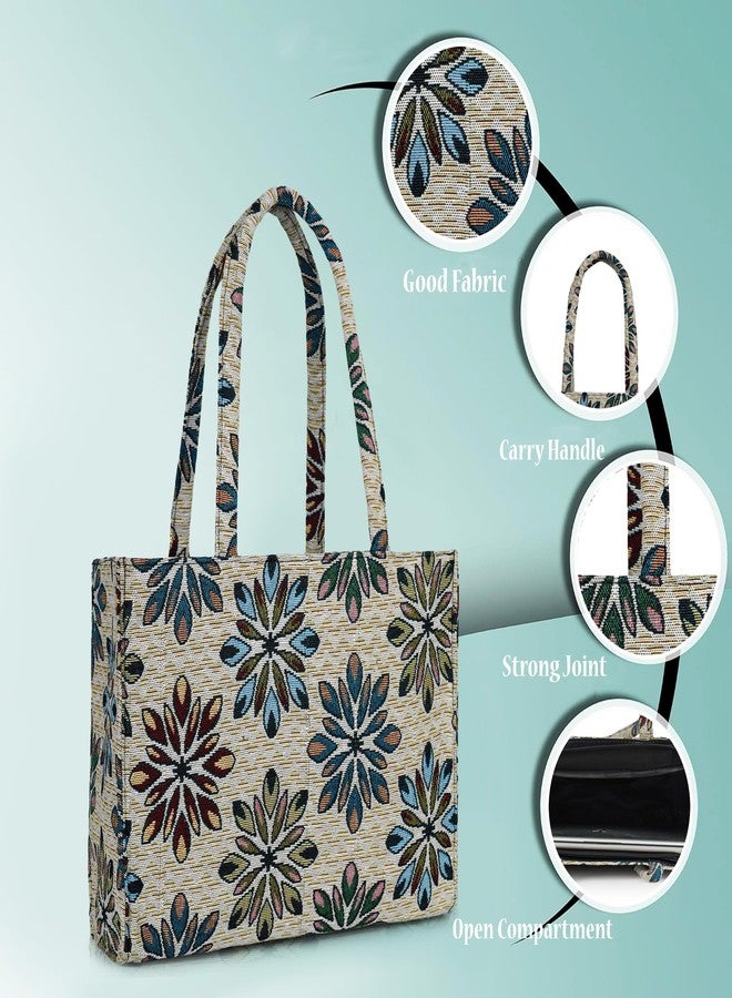 creeper Floral Tapestry Tote Bag for Women, Multi-Pocket Large Capacity Shoulder Handbag with Carry Handles, Fabric Daily Use Bag (Beige with Blue & Brown Flowers) - Image 5