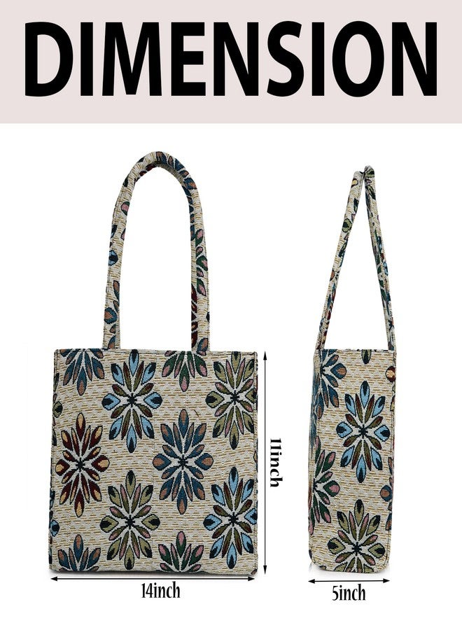 creeper Floral Tapestry Tote Bag for Women, Multi-Pocket Large Capacity Shoulder Handbag with Carry Handles, Fabric Daily Use Bag (Beige with Blue & Brown Flowers) - Image 4